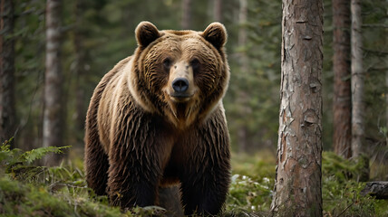 Fototapeta premium Side view of a brown bear in a forest 