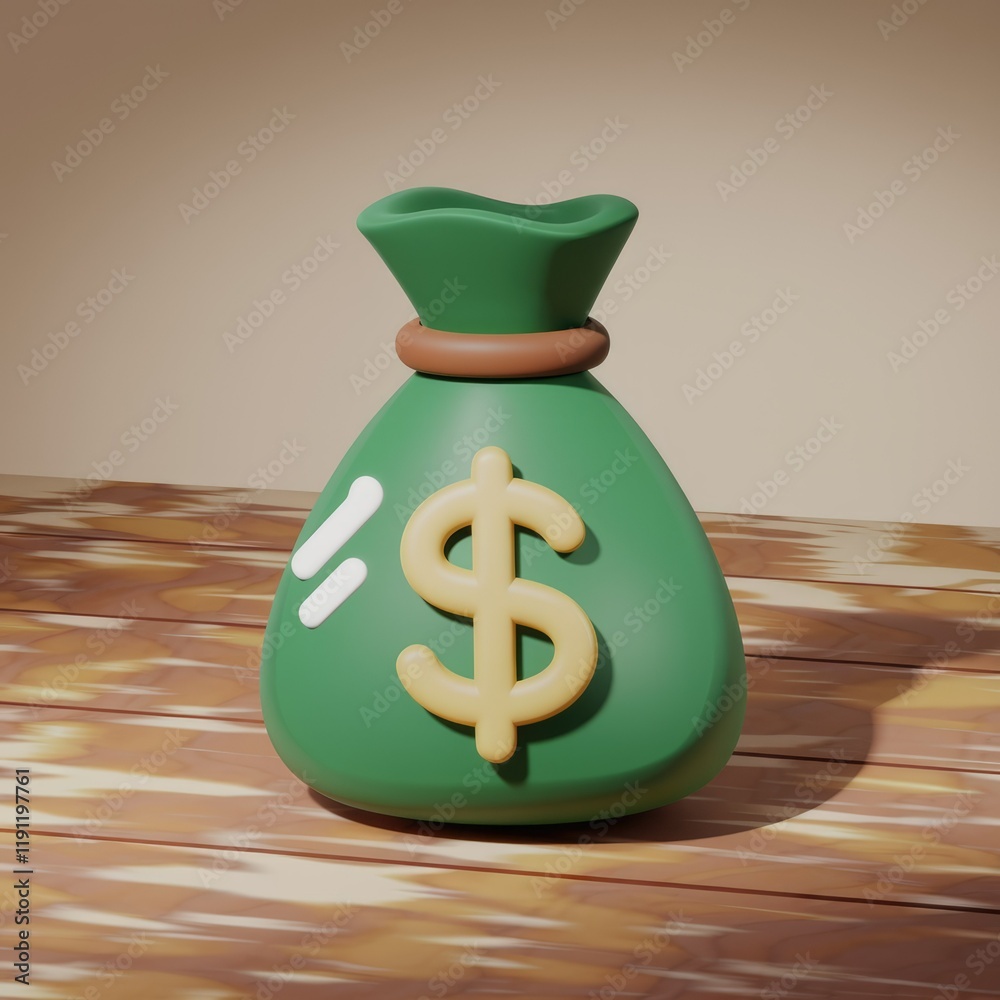 Poster a 3d rendering of a green money bag with a dollar sign, symbolizing wealth and finance.