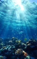 A breathtaking underwater scene showcasing marine life thriving in a healthy ocean Coral reefs teeming with fish