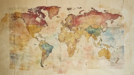 Vintage world map with muted colors and historical details
