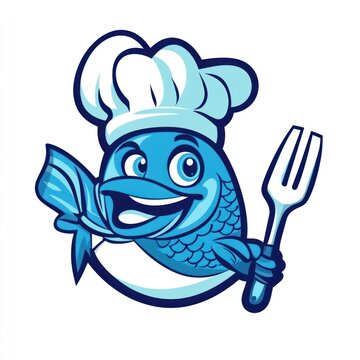 Happy chef fish holding fork, seafood menu design, white background