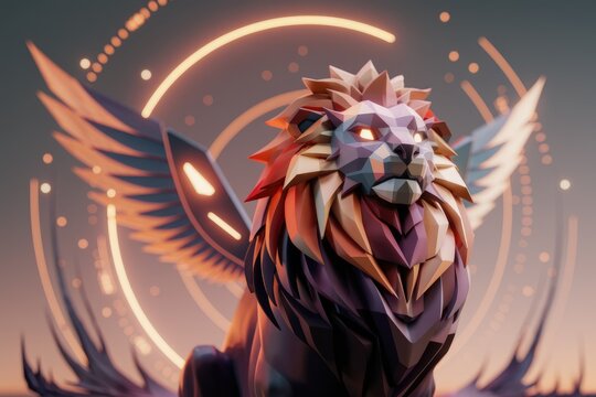 A majestic low-poly lion with glowing wings, set against a vibrant neon backdrop.