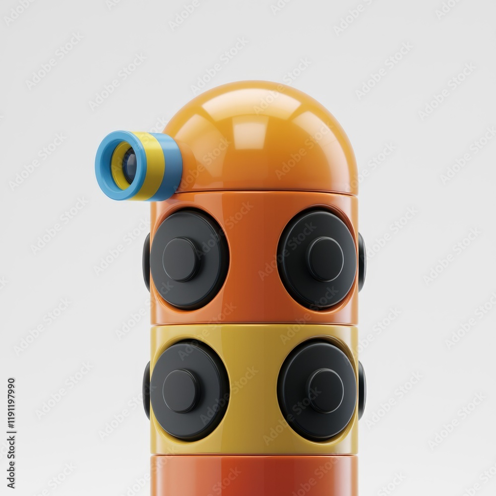 Poster a stylized, segmented robot with a periscope, showcasing vibrant orange, yellow, and black component