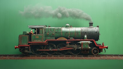 Naklejka premium Vintage steam locomotive, smoking, green background.