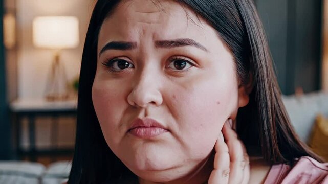 Portrait closeup of a young fat chubby woman who is concerned worried upset due to her weight, looks at the camera.