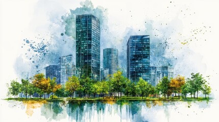 Modern Cityscape with Greenery in Watercolor Style