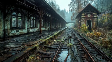 Naklejka premium Abandoned Train Station with Overgrown Tracks and Foggy Atmosphere