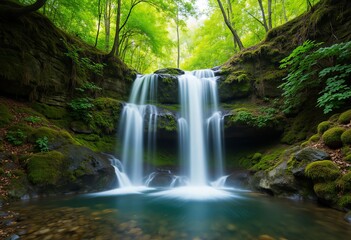 Fototapeta premium Waterfall in green forest with mossy rocks and pool