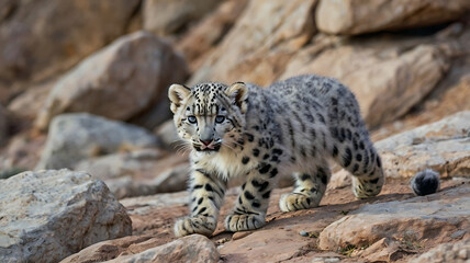 Naklejka premium Single snow leopard cub prowling on rocky surface 