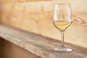 A wine tasting event features diverse flavors and elegant decor. Elegant glass of white wine on a wooden shelf.