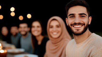 Fototapeta premium Serene Gathering at Iftar Under Soft Lights Enjoying Togetherness