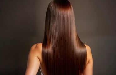 Woman with healthy shiny long brown hair. Rear view. Beautiful style. Studio shot. Elegant beauty. Luxurious hair care. Back view. Healthy hair. Female beauty. Hair salon. Spa. Copy space. Fashion.