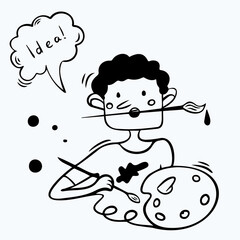 Doodle: artist with a brush in his teeth and a palette, a paint stain on a T-shirt, a dialogue of an idea, a logo, a print, clothing design