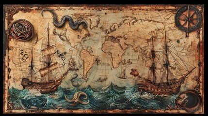 Vintage Nautical Map with Ships, Sea Creatures and Compass Elements