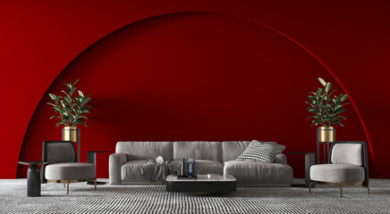 Modern interior design living room and red arch wall texture background. 3D rendering. 
