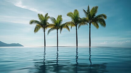 Serene palm trees reflecting in tranquil azure waters at sunset over the horizon