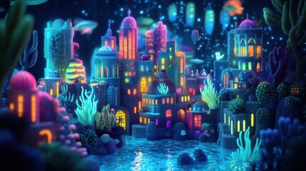 Obraz premium Luminous Underwater City Glowing Vibrantly Beneath The Sea