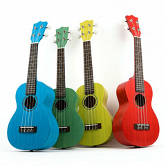 colorful ukuleles arranged in a row on a white background