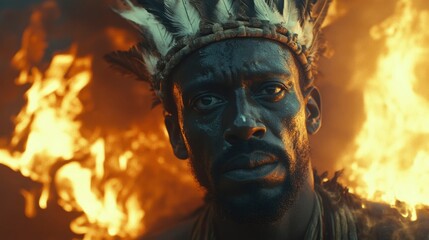 Fototapeta premium Dark skinned man wearing feathered headdress amidst flames