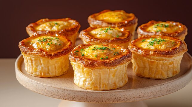 Delicious golden-brown quiches garnished with herbs on a wooden platter.