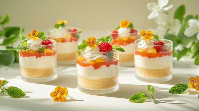 Delicious layered desserts in glass cups with fruits and cream.