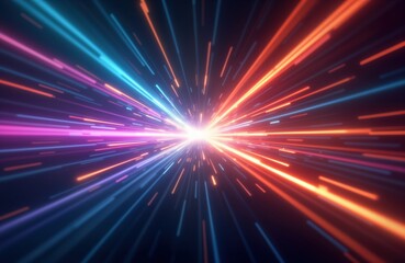 Multicolored light streaks radiate from central vanishing point. Fast movement, bright colors suggest speed, energy. Abstract cosmic background with colorful rays, streaks. Intense, powerful
