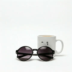 black sunglasses and white coffee mug on white background