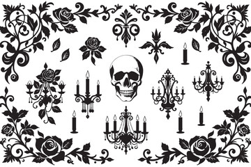 Black and White Ink Art Set for Gothic Romance Decor with Roses, Skulls, Candles, and Lace Patterns - Ideal for Sticker Packs, Party Themes, and Elegant Gothic Decor