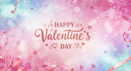 Happy Valentine's Day Pastel Dream: A dreamy Valentine's Day greeting card design featuring elegant script "Happy Valentine's Day", surrounded by pastel pink and blue bokeh, hearts, and ribbons.