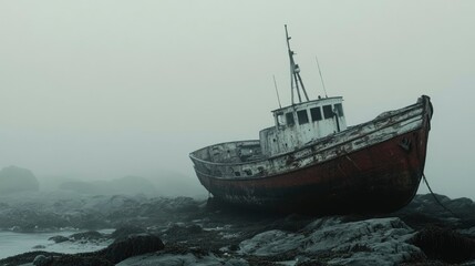 Fototapeta premium Old weathered fishing boat rests on foggy shore rocks