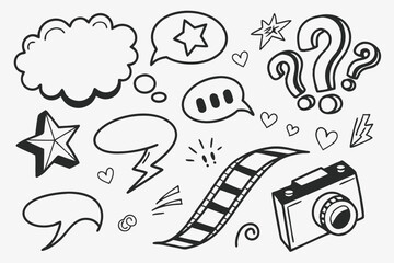 Hand-drawn doodles, speech bubbles, thought clouds, comic book elements, black and white sketch, various shapes and symbols, stars, arrows, ribbons, musical notes, simple icons, exclamation marks, que
