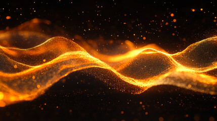 Golden light waves with sparkling particles on a dark background