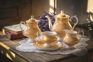 Fototapeta premium Elegant vintage tea set, pastel yellow porcelain, antique charm, perfect for afternoon tea.