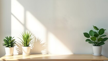 Indoor home scene with plants in pots. Sunlight casts shadows on light wooden surface, wall. Minimalist design with clean lines, empty space. Ideal for zoom background home decor inspiration. Fresh
