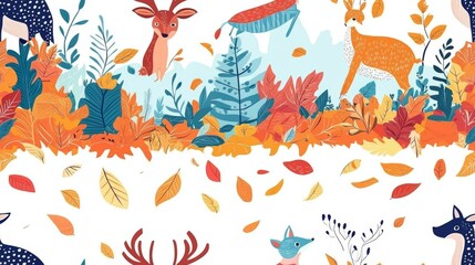 Obraz premium Playful Animals Jumping in a Colorful Forest Landscape Design