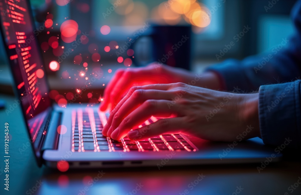Poster man codes on laptop at home office. programmer types code on keyboard. digital design, software deve