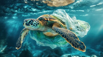 Fototapeta premium Sea Turtle Swimming Through Ocean Plastic Pollution