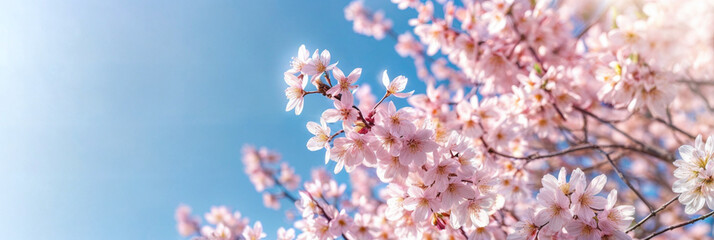 Soft pink cherry blossoms bloom against a bright blue sky. Delicate floral scene representing springtime beauty and renewal. Ideal for backgrounds and seasonal themes.

