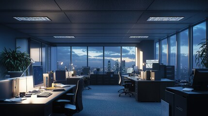 Modern Office Interior with City View at Twilight Hour