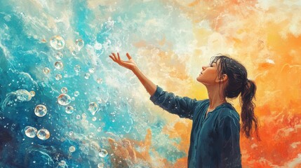 Fototapeta premium Woman Reaching for Bubbles in a Colorful Sky