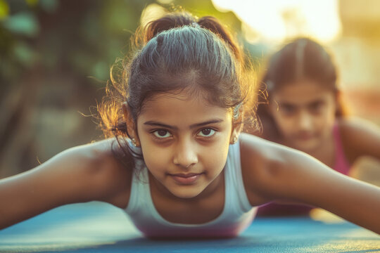 young indian girls in sportswear practicing yoga in sunlit park. children planking outdoors. fitness and healthy lifestyle, physical training, workout motivation. sports, leisure, activity