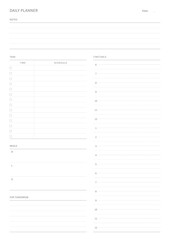 A daily plan design template in a modern, simple, and minimalist style. Note, scheduler, diary, calendar, planner document template illustration.