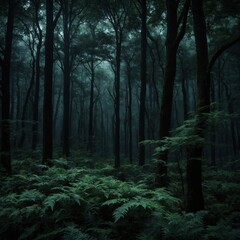 Obraz premium Dark forest wallpaper features a captivating scene of towering trees shrouded in shadows, creating an air of mystery and enchantment.