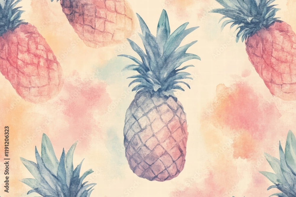 Poster pineapple watercolor pattern featuring vibrant colors on a soft, textured background with artistic f