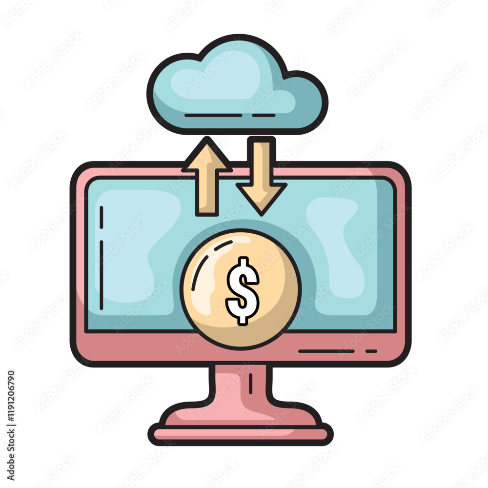Poster cloud data transfer to computer screen with dollar coin, ideal for financial technology and data sto