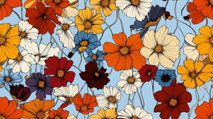 Vibrant Seamless Pattern of Colorful Daisies on Blue Background