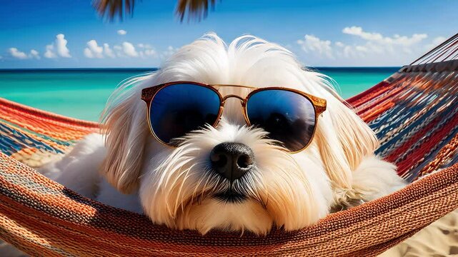 Concept of holidays and relaxation.the dog is resting in the hammock with the sea waves in the background.