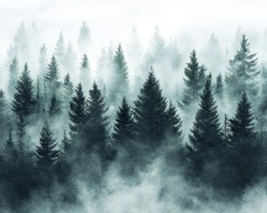 Misty Forest Landscape with Evergreen Trees