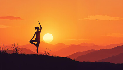 Woman silhouetted doing yoga movements, on a hill in the afternoon, sunset