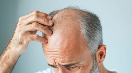 Obraz premium man nervously adjusts his thinning hair, showing signs of concern